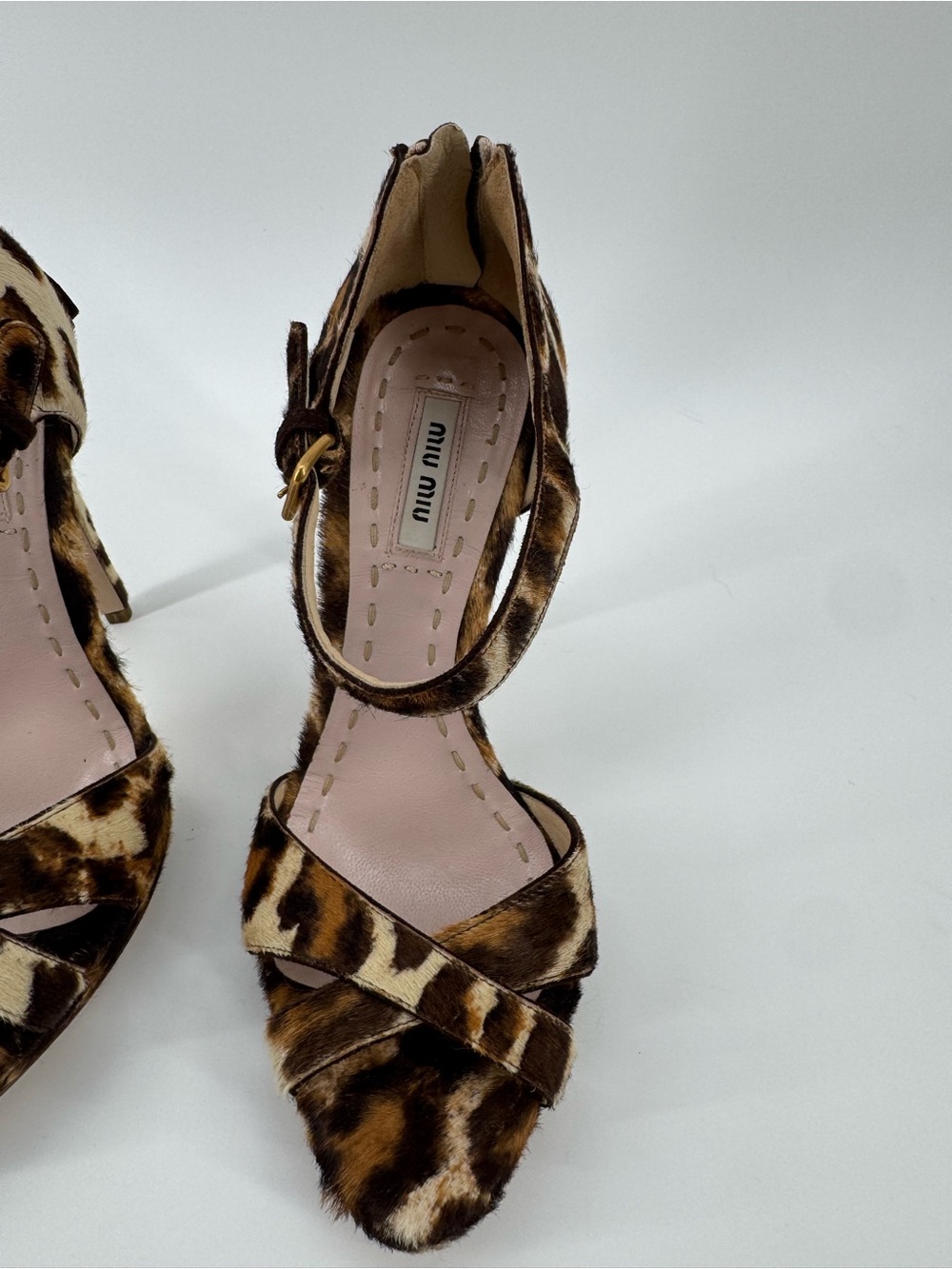 Miu Miu Leopard Print Calf Hair Crisscross Ankle Strap Heels Sz37.5 Authenticate - Picture 5 of 10